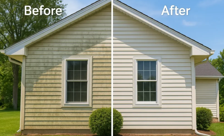 Side view of a house showing a before and after comparison of siding renovation. The left side shows old, grayish-brown siding, while the right side shows new, light beige siding. Both sides have a window and bushes at the base.