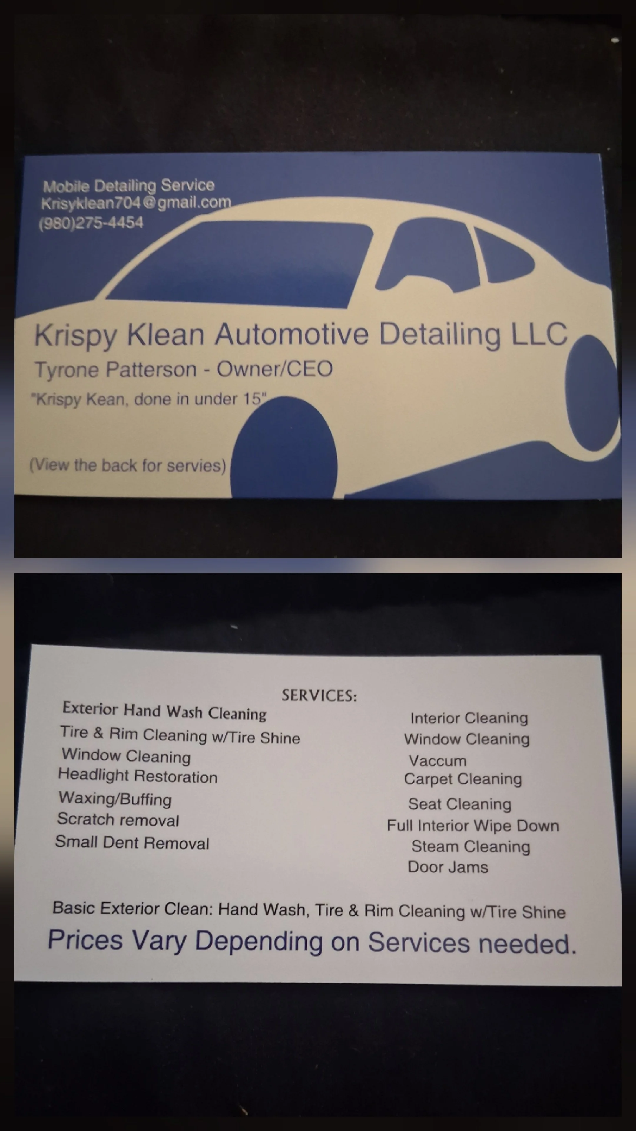 Business card for Krispy Klean Automotive Detailing LLC, featuring a car graphic in blue and white, contact information, and a quote about service speed.