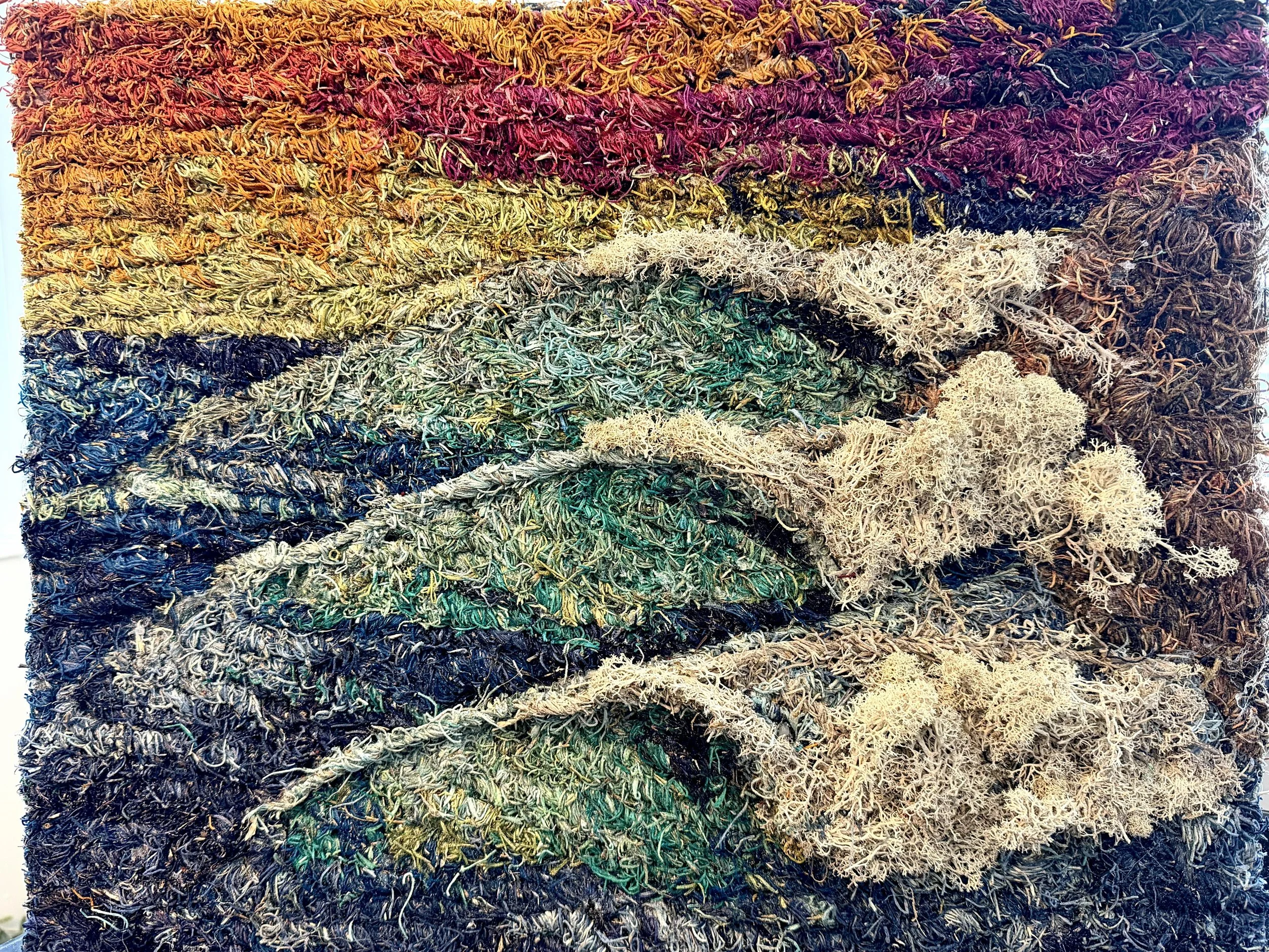 Title: Playa Jobos 2
Artist: Joshua Deal
Instagram: @mosspitartworks
About this piece: Hand dyed Spanish Moss with some reindeer moss accents. This work is inspired by a beautiful beach at Playa Jobos, PR.
