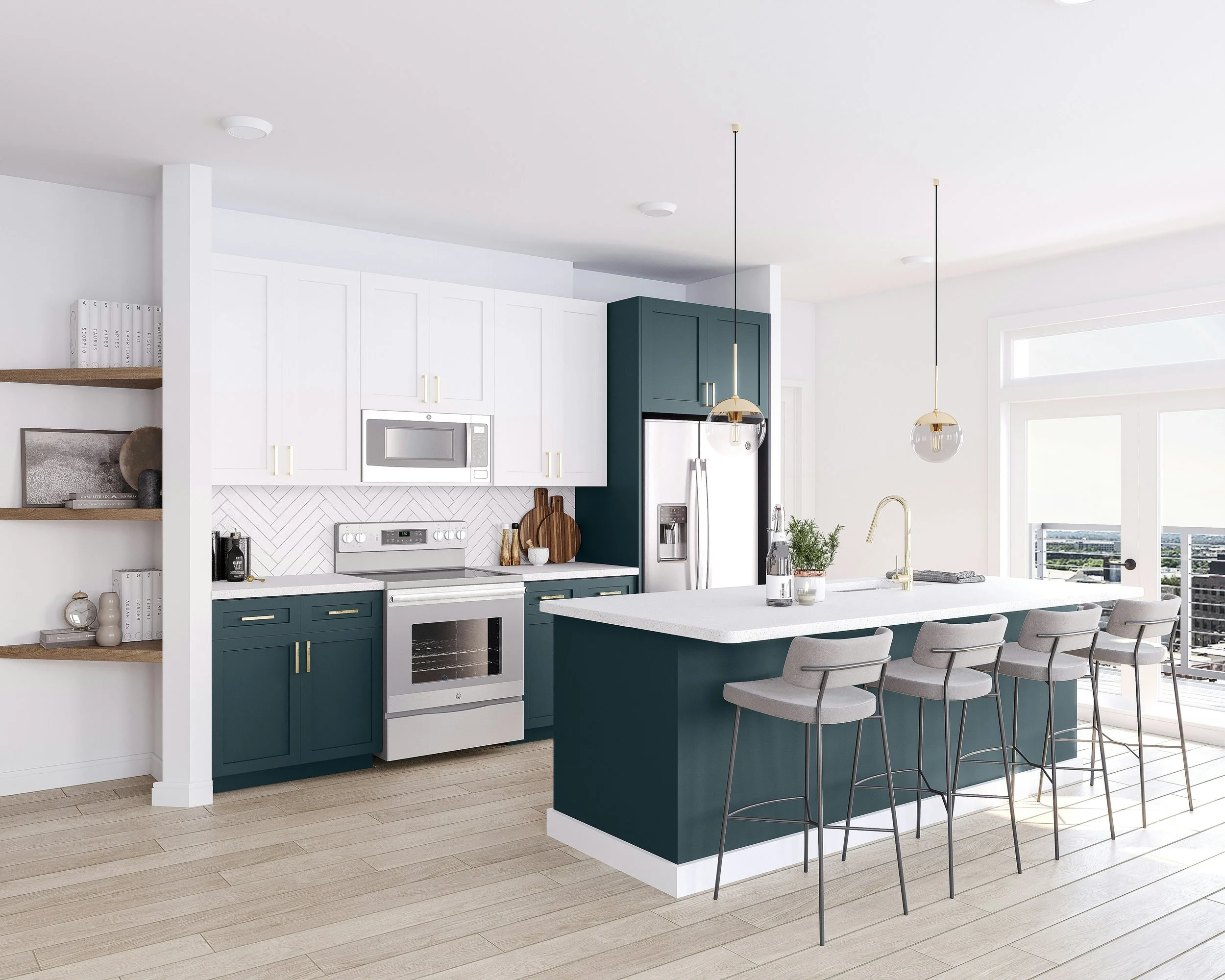 Modern kitchen with white and teal cabinets, stainless steel appliances, a kitchen island with bar stools, pendant lighting, and large windows with a view.