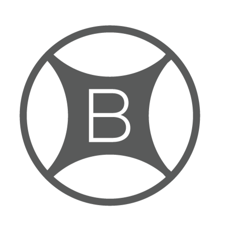 Logo with a black circle and a stylized letter B inside