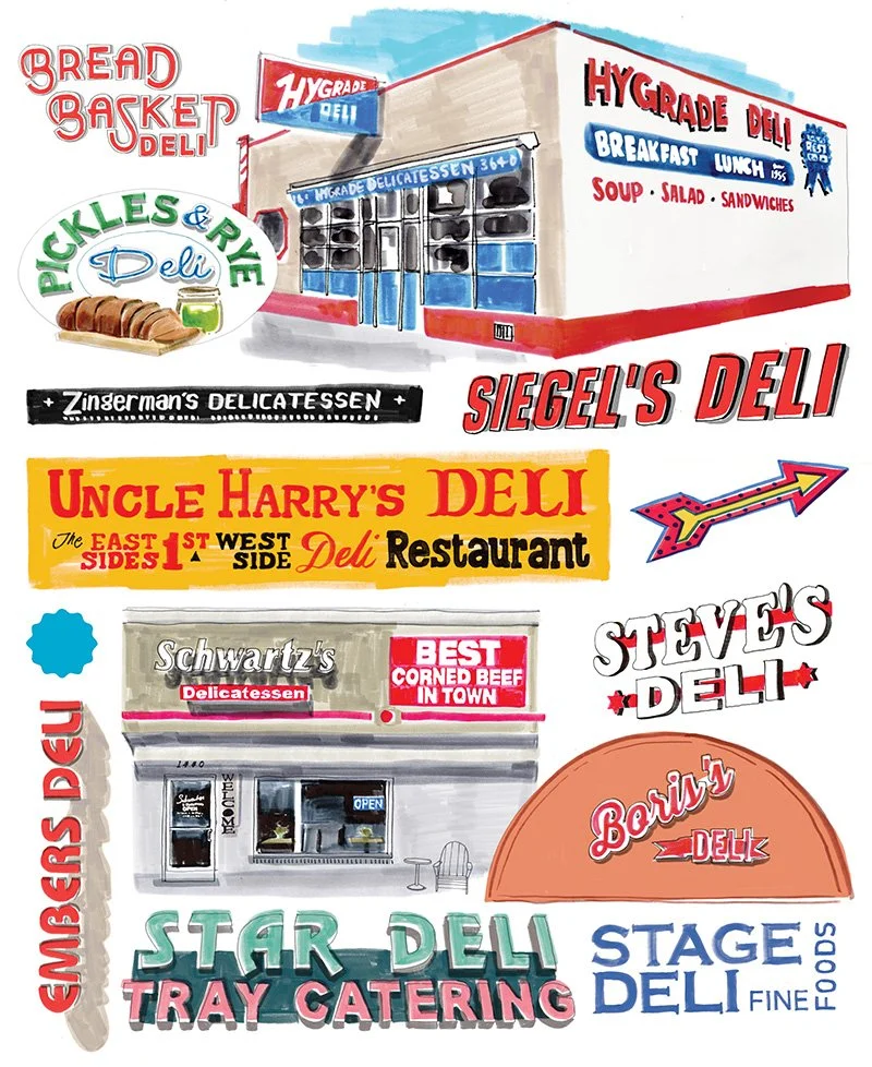Illustration of a building with various deli signs and storefronts, including Bread Basket Deli, Pickles & Rye Deli, Siegel's Deli, Uncle Harry's Deli, Schwartz's Deli, Boris Deli, Star Deli, Stage Deli, and others, in a colorful, cartoon style.