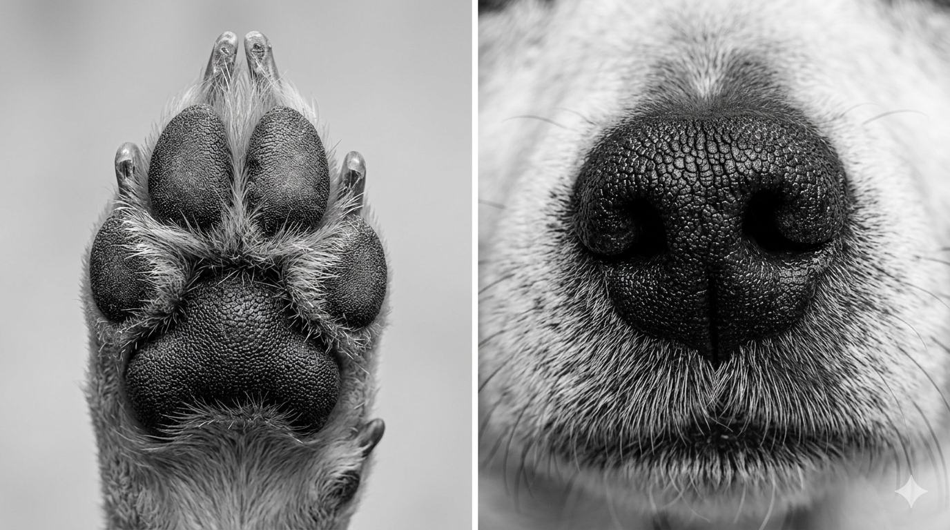 Close-up of a dog's nose and snout on the right side and a paw print on the left side, both in black and white.