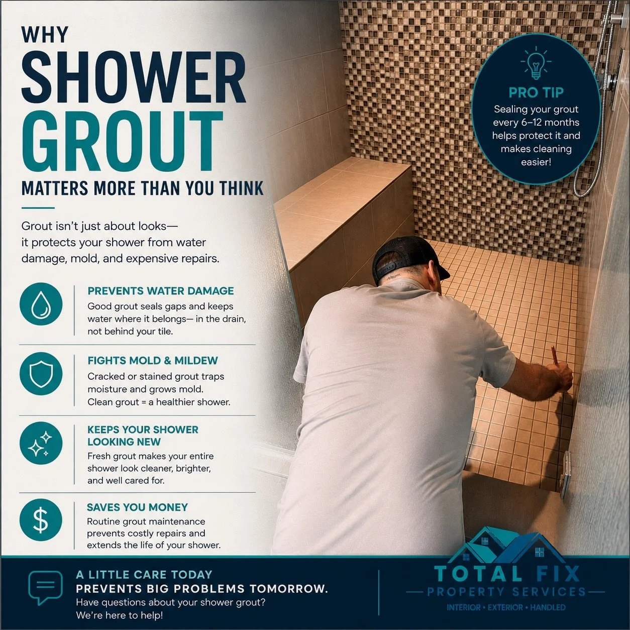 Your shower grout does more than just &ldquo;look nice&rdquo; 👀

Over time, cracked or worn grout can let moisture seep behind your tile &mdash; leading to mold, mildew, water damage, and expensive repairs down the road.

A simple grout refresh or s