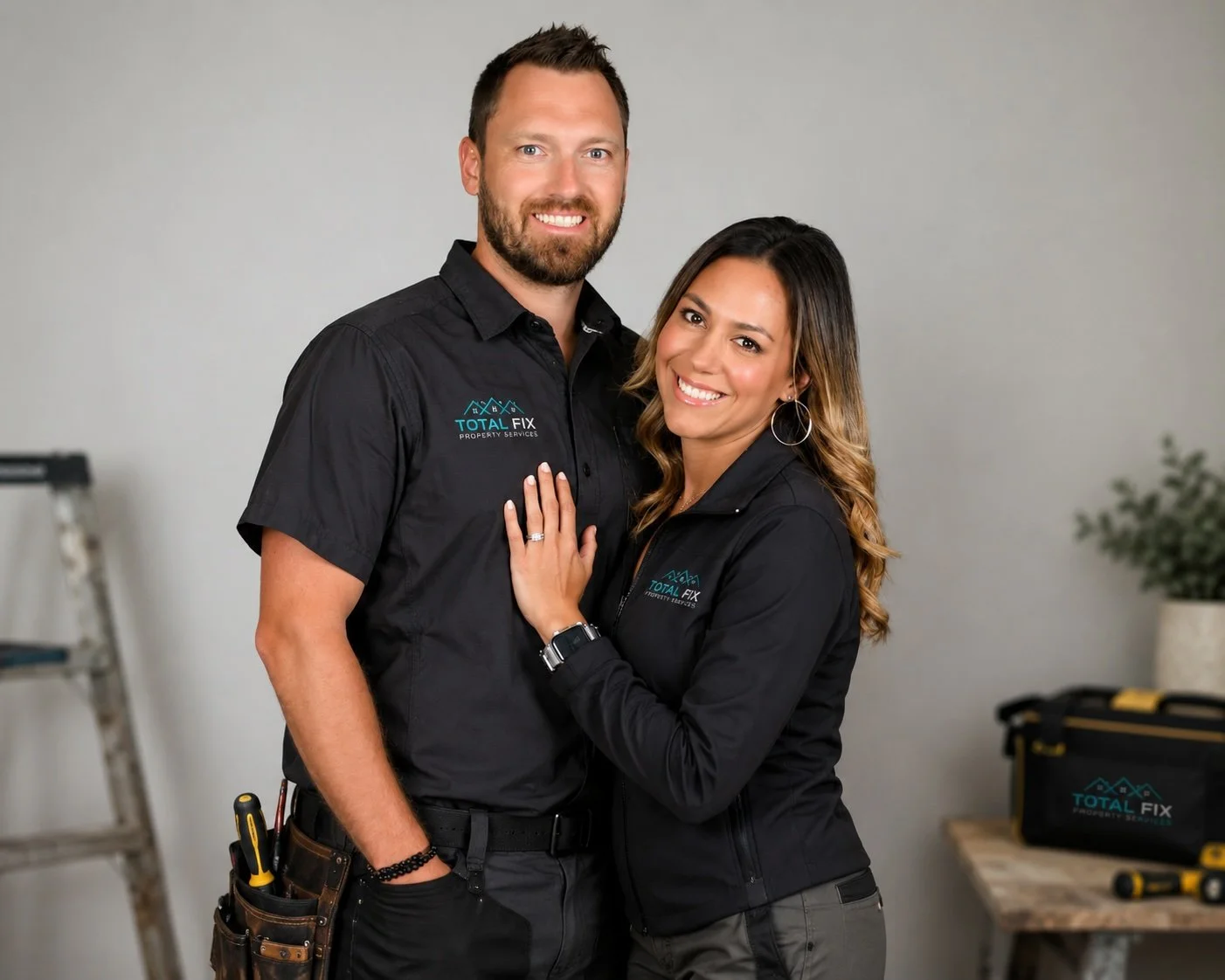 A smiling man and woman wearing black work shirts with the logo 'Total Fix Property Services' posing together in a room with a ladder, a work table, and a toolbox.
