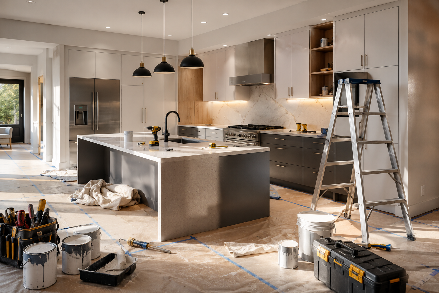 Modern kitchen under construction with a large island, black pendant lights, a stainless steel refrigerator, and open shelving. Tools, paint cans, and a step ladder are present, indicating ongoing work.