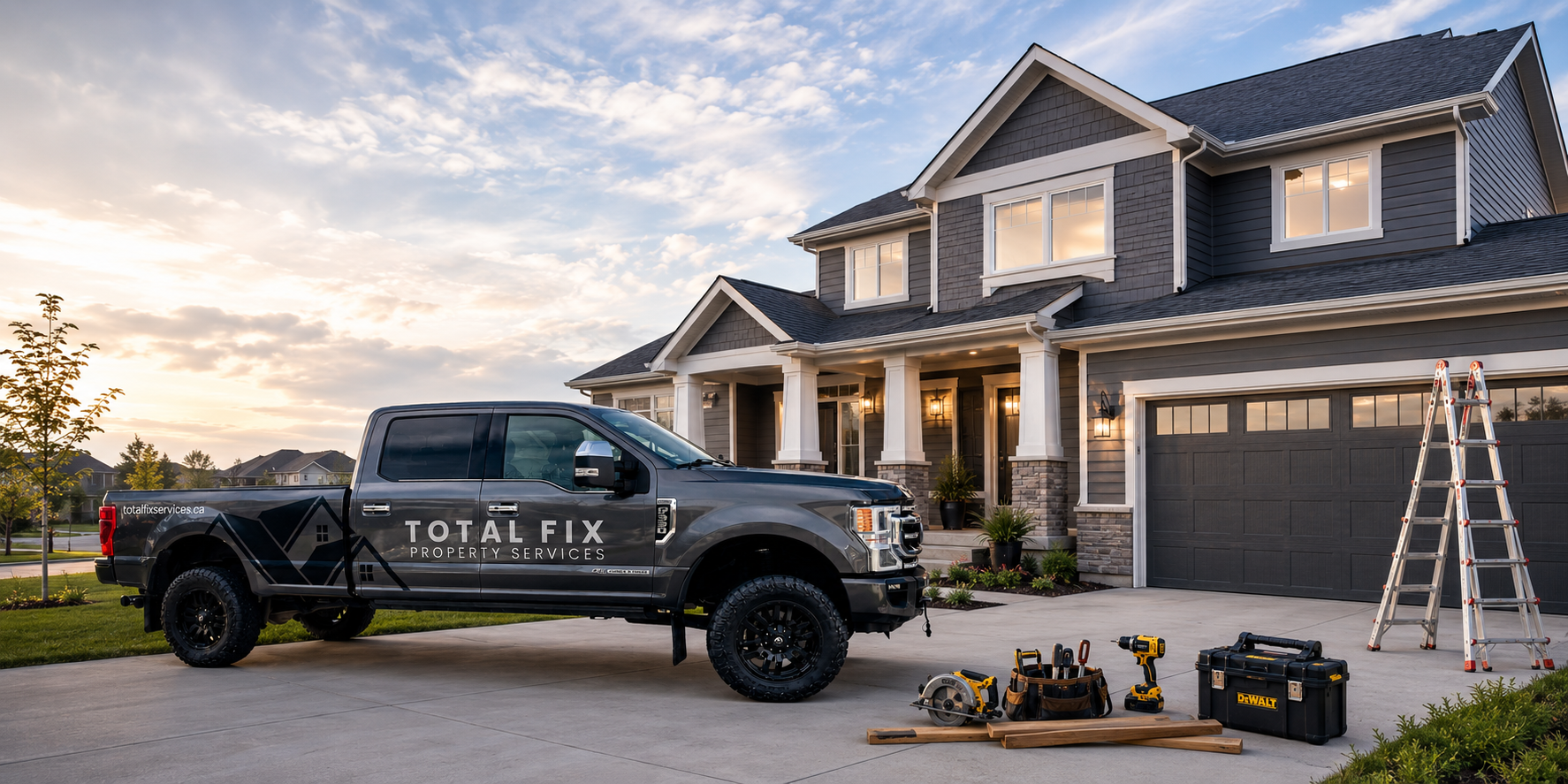 A house with a grey exterior, lit porch lights, and a garage. A black pickup truck with "Total Fix Property Services" and a website is parked in the driveway. Tools and equipment, including a ladder, power tools, and a toolbox, are laid out on the driveway, indicating ongoing home maintenance or repair work.