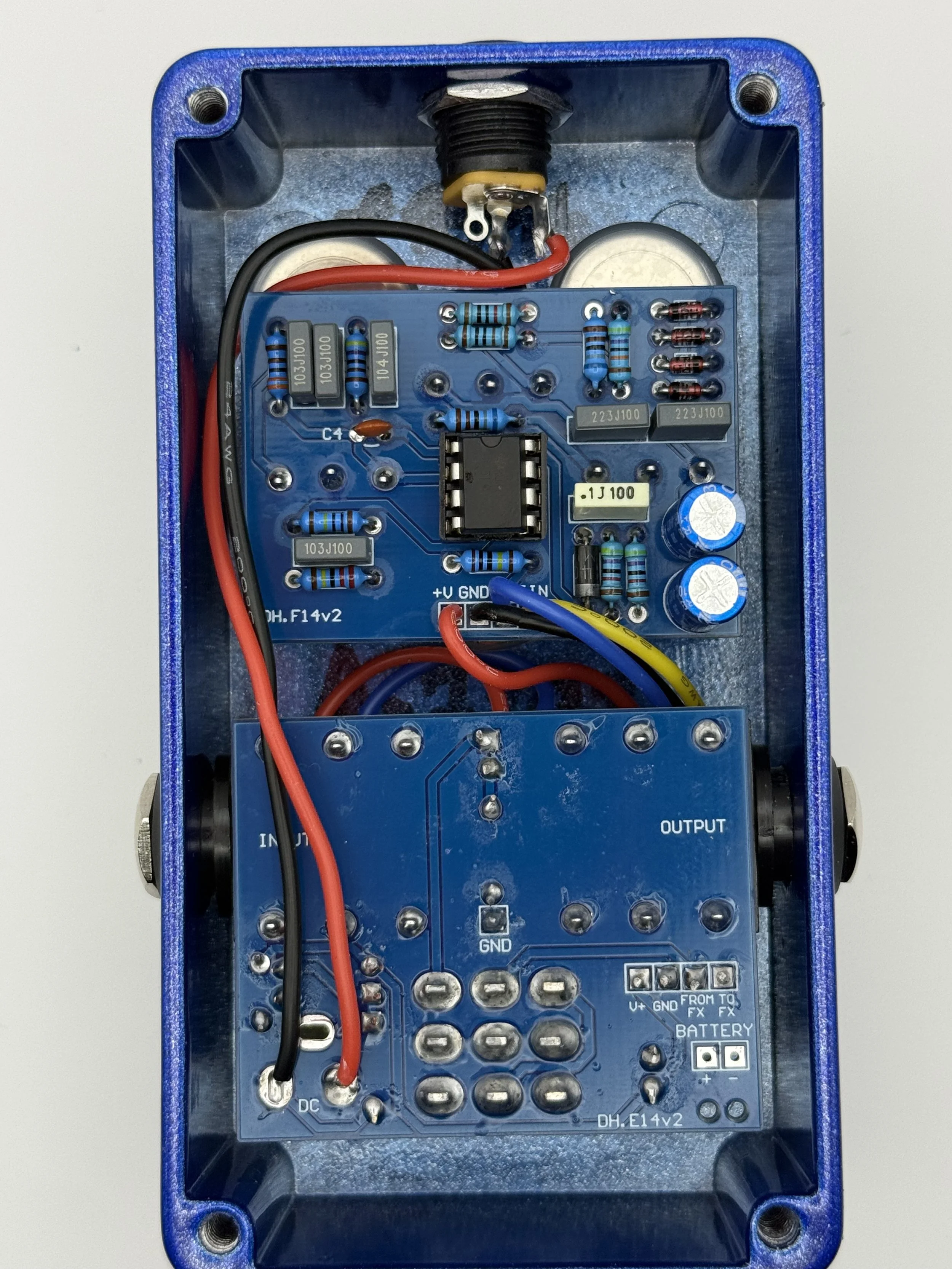 Through-hole circuit boards inside the King’s Road overdrive pedal
