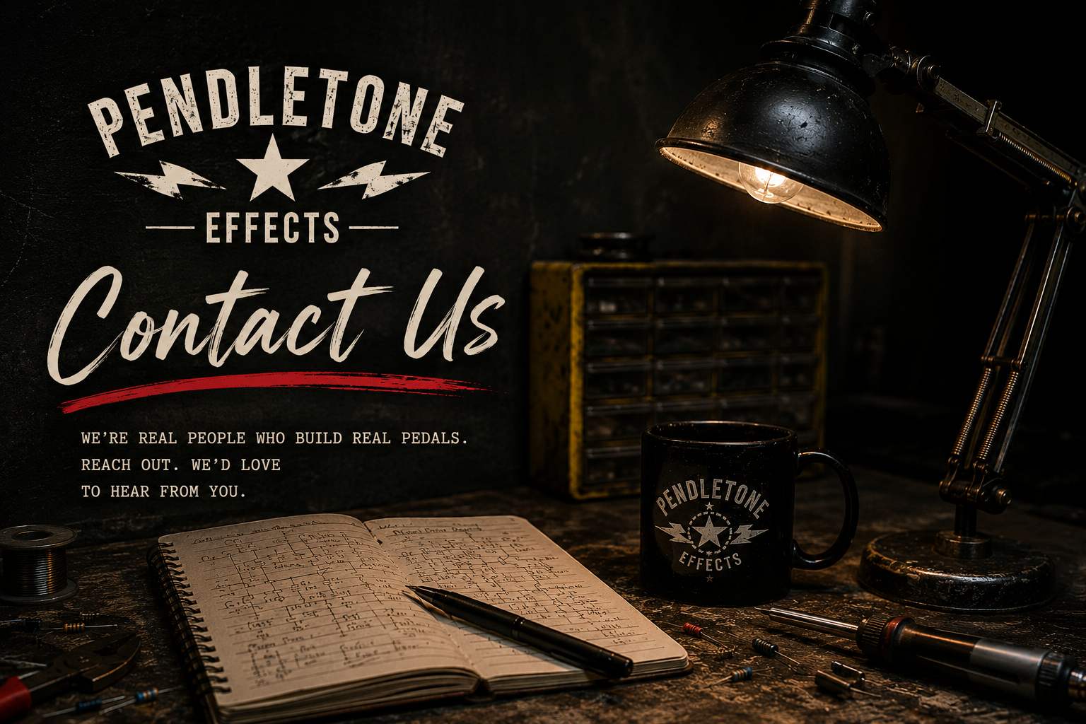 Workspace with a black wall sign that reads 'Pendleton Effects Contact Us', an open notebook with handwritten notes, a black mug with the Pendleton Effects logo, a desk lamp, and various electronic components and tools on a dark workbench.