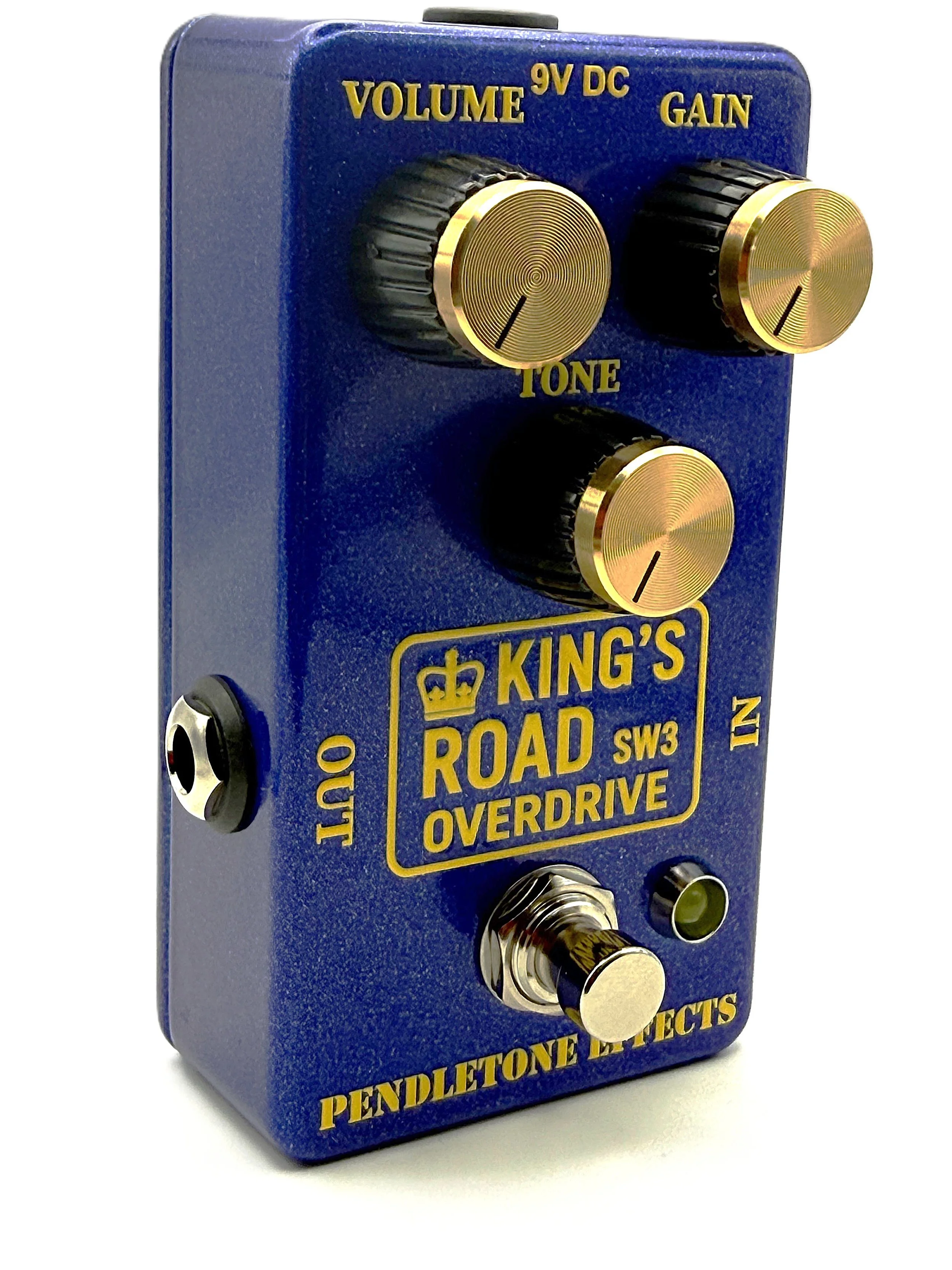 Angled view of the metallic blue King’s Road overdrive pedal