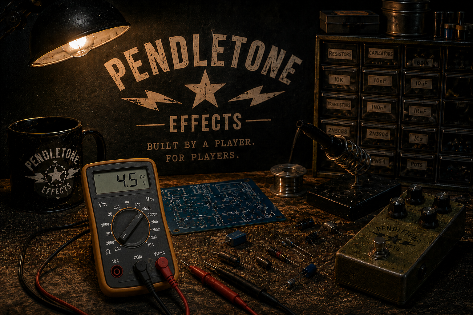 A cluttered workspace with electronic components, a soldering iron, a multimeter displaying 4.5 volts, and Pendleton Effects branding on a wall and mug.