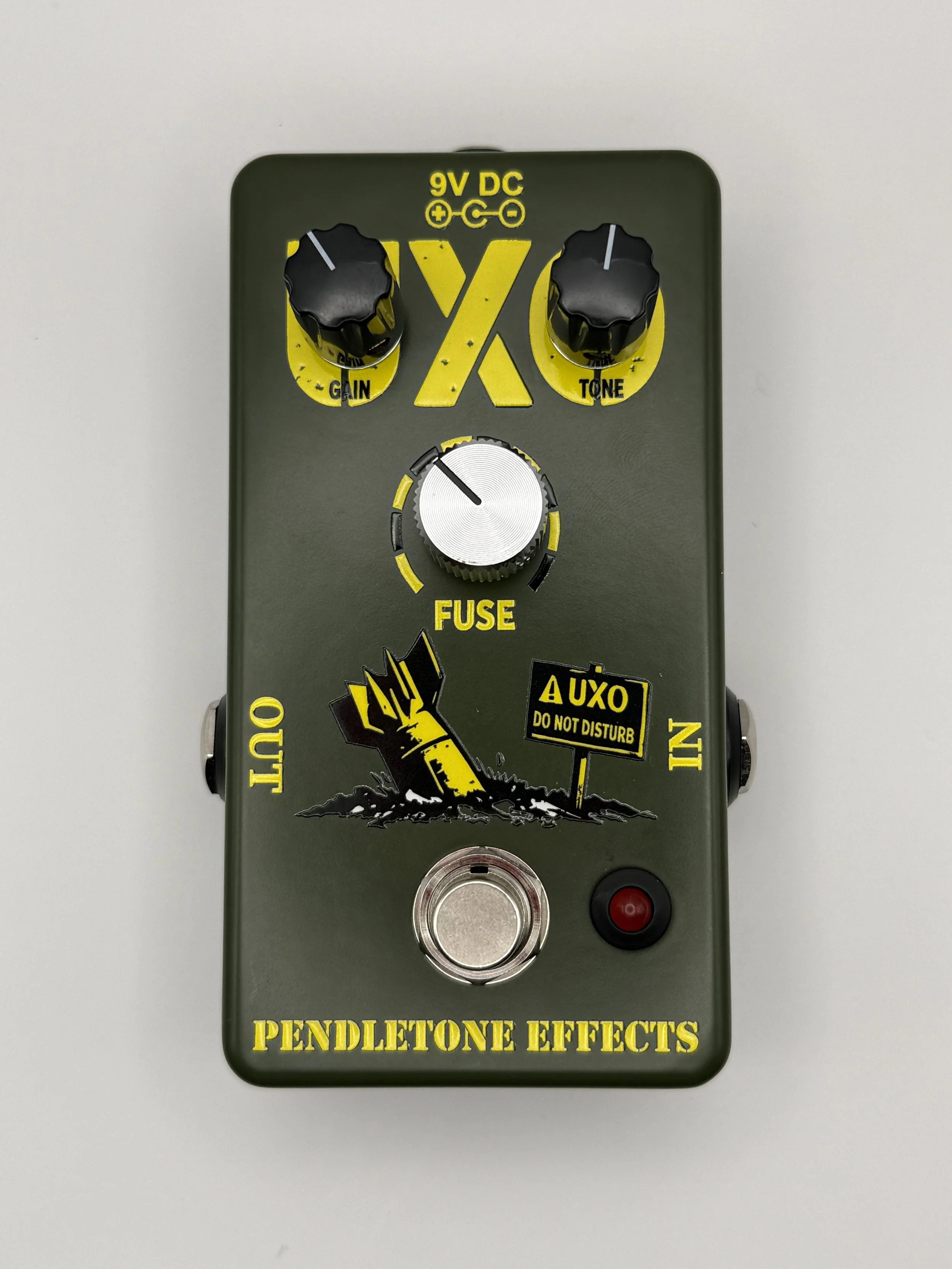 Top view of the Pendletone Effects UXO showing the Gain, Fuse, and Tone controls.