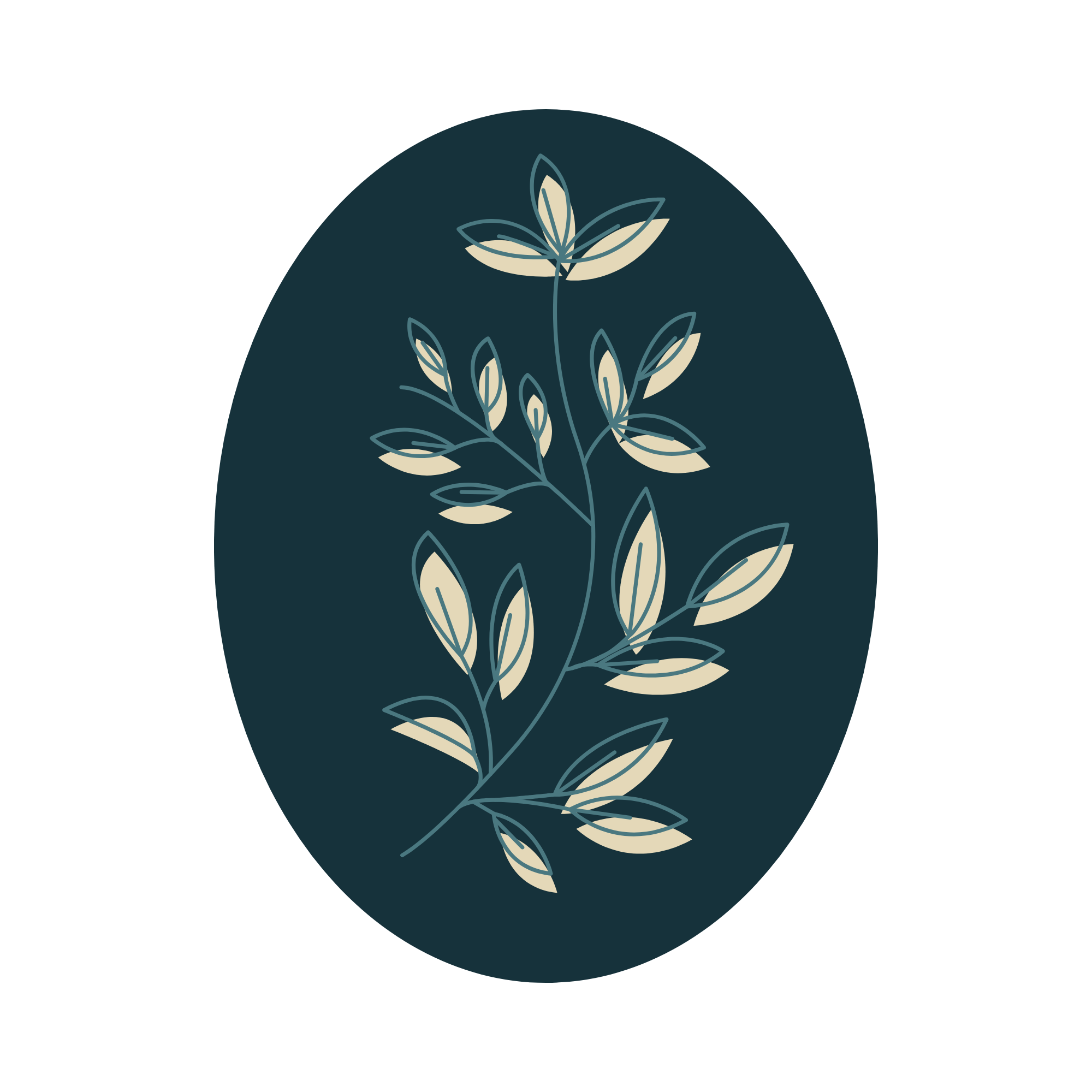 A dark navy blue background with a minimalist line drawing of a plant with leaves in a lighter cream color, enclosed within a rounded shape.