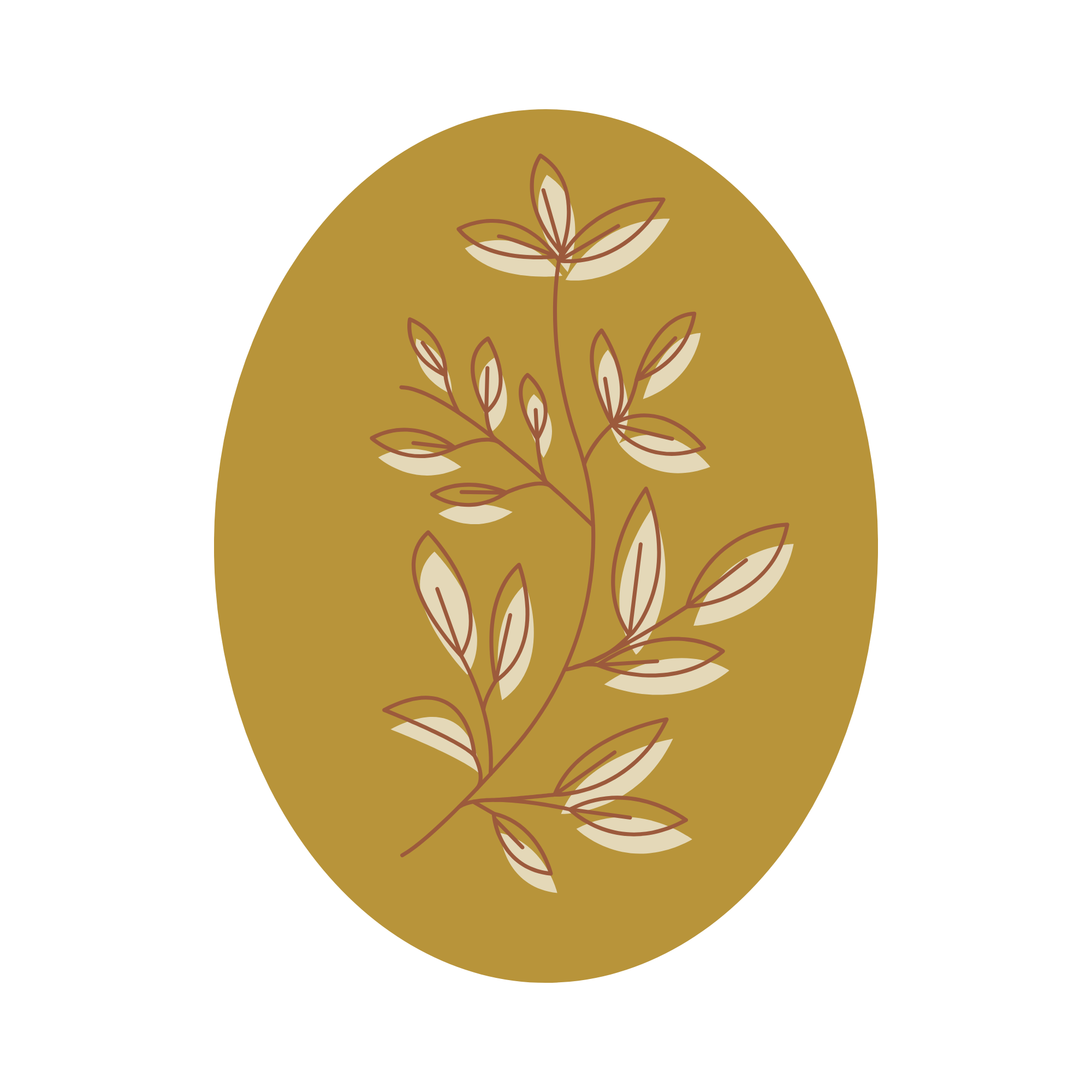 Stylized illustration of a sprig of leaves on a gold oval background.