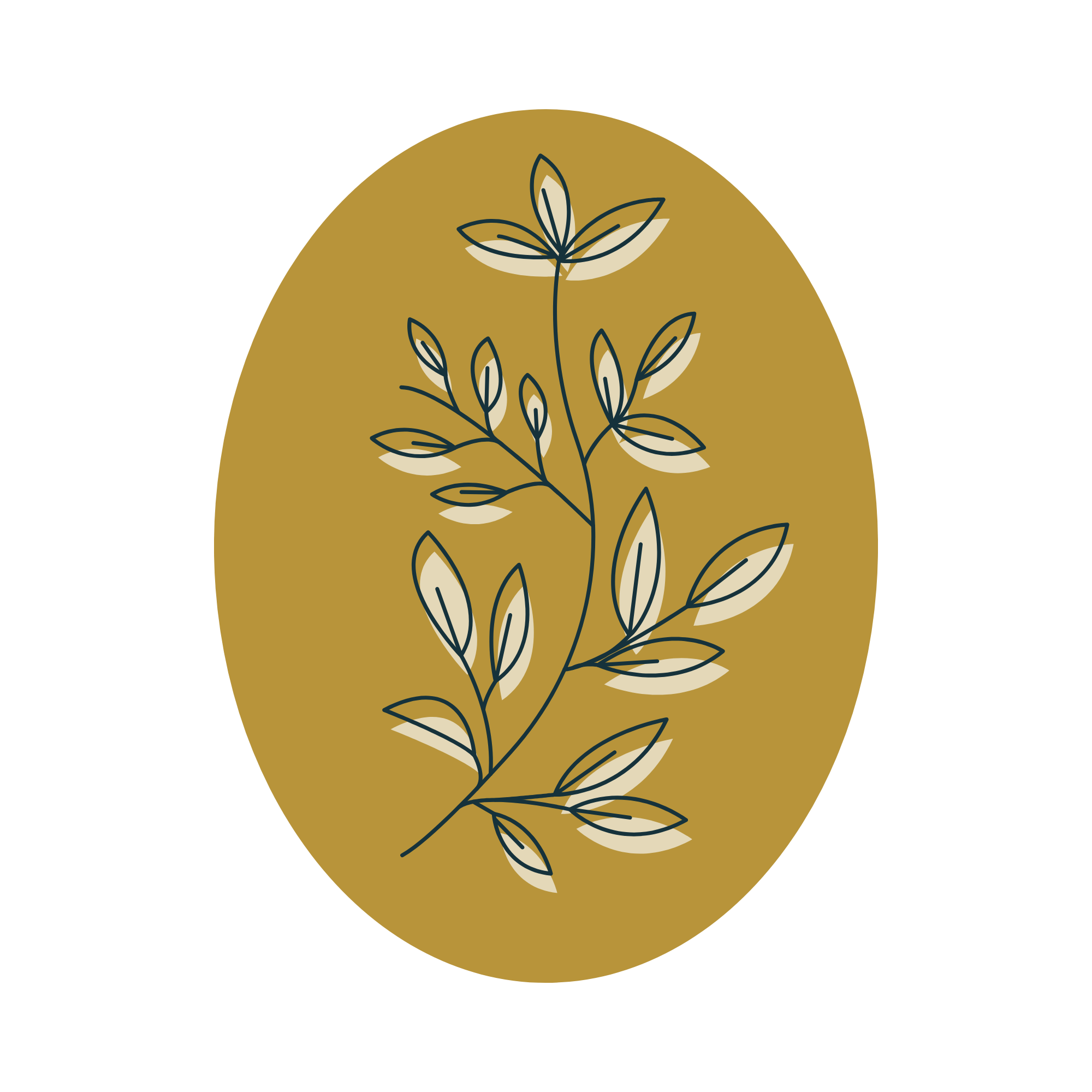 Illustration of a plant with navy blue outline, beige shadows, and gold background in a partially visible black circle.