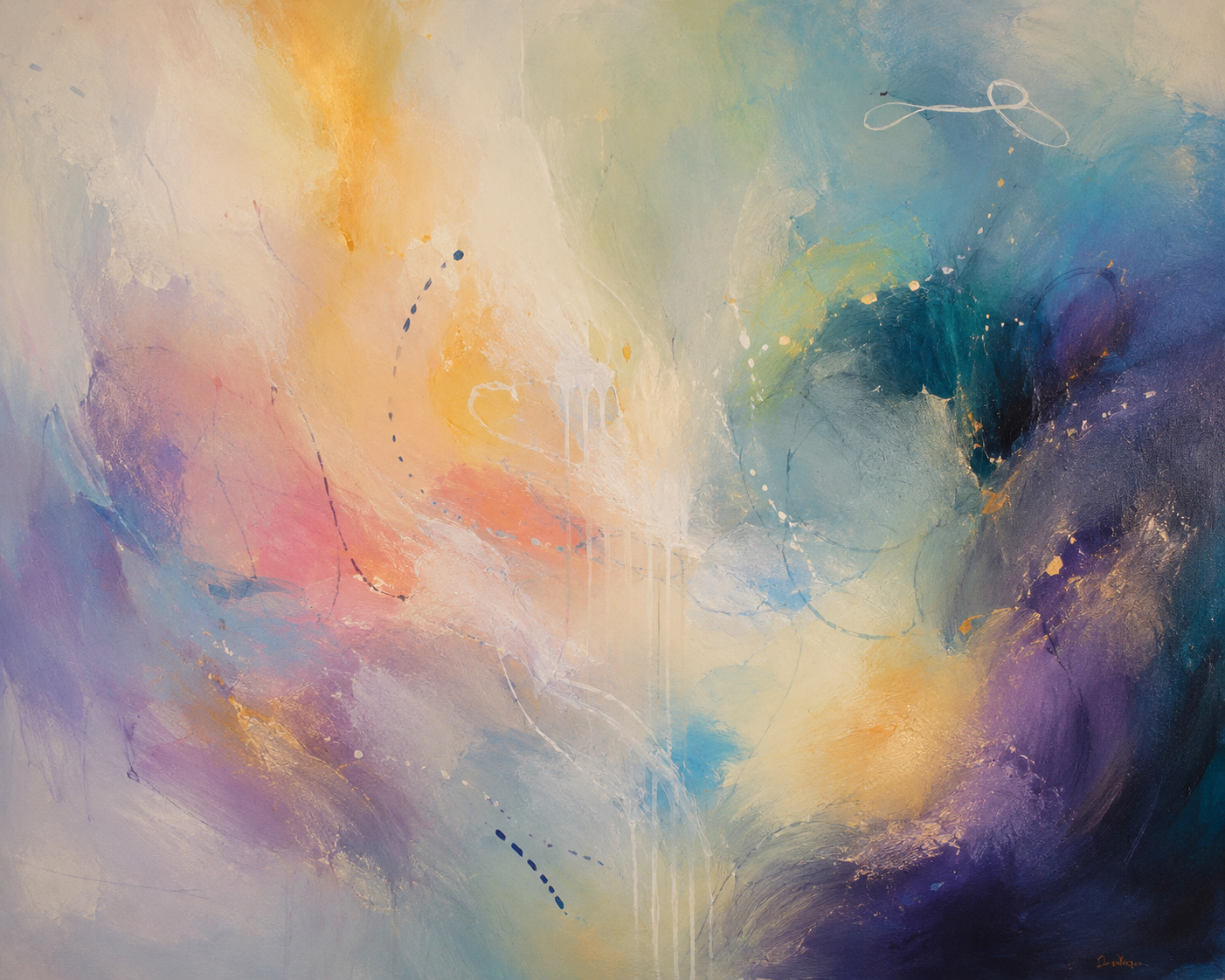 An abstract watercolor image with streaks of pink, blue, purple, and green.