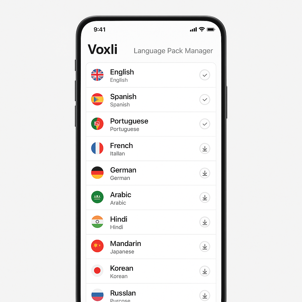 A smartphone screen displaying the Voxli app with a list of language options, including English, Spanish, Portuguese, French, German, Arabic, Hindi, Mandarin, Korean, and Russian. The interface shows icons for each language and download buttons.