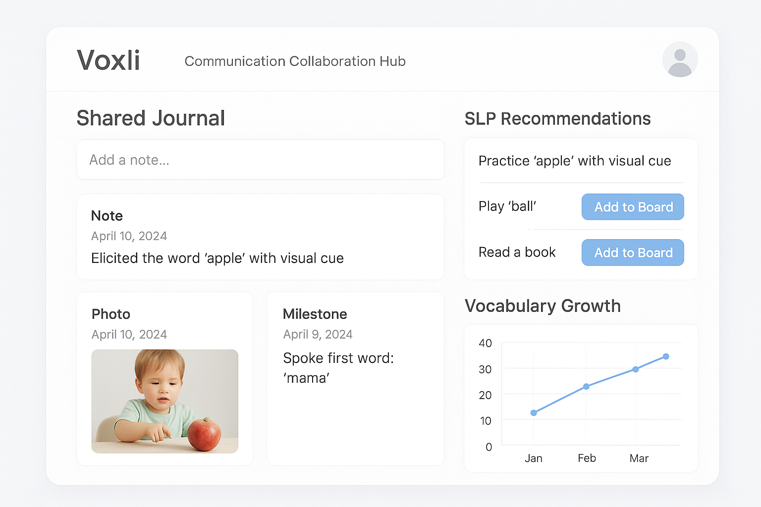 Screenshot of a communication collaboration app, showing a shared journal with a note about eliciting the word 'apple' with a photo of a young boy pointing at an apple.