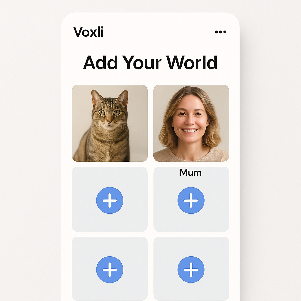 Mobile app screen for Voxli showing a section titled 'Add Your World' with images of a cat and a woman labeled 'Mum', and plus icons below each image for adding more contacts or information.