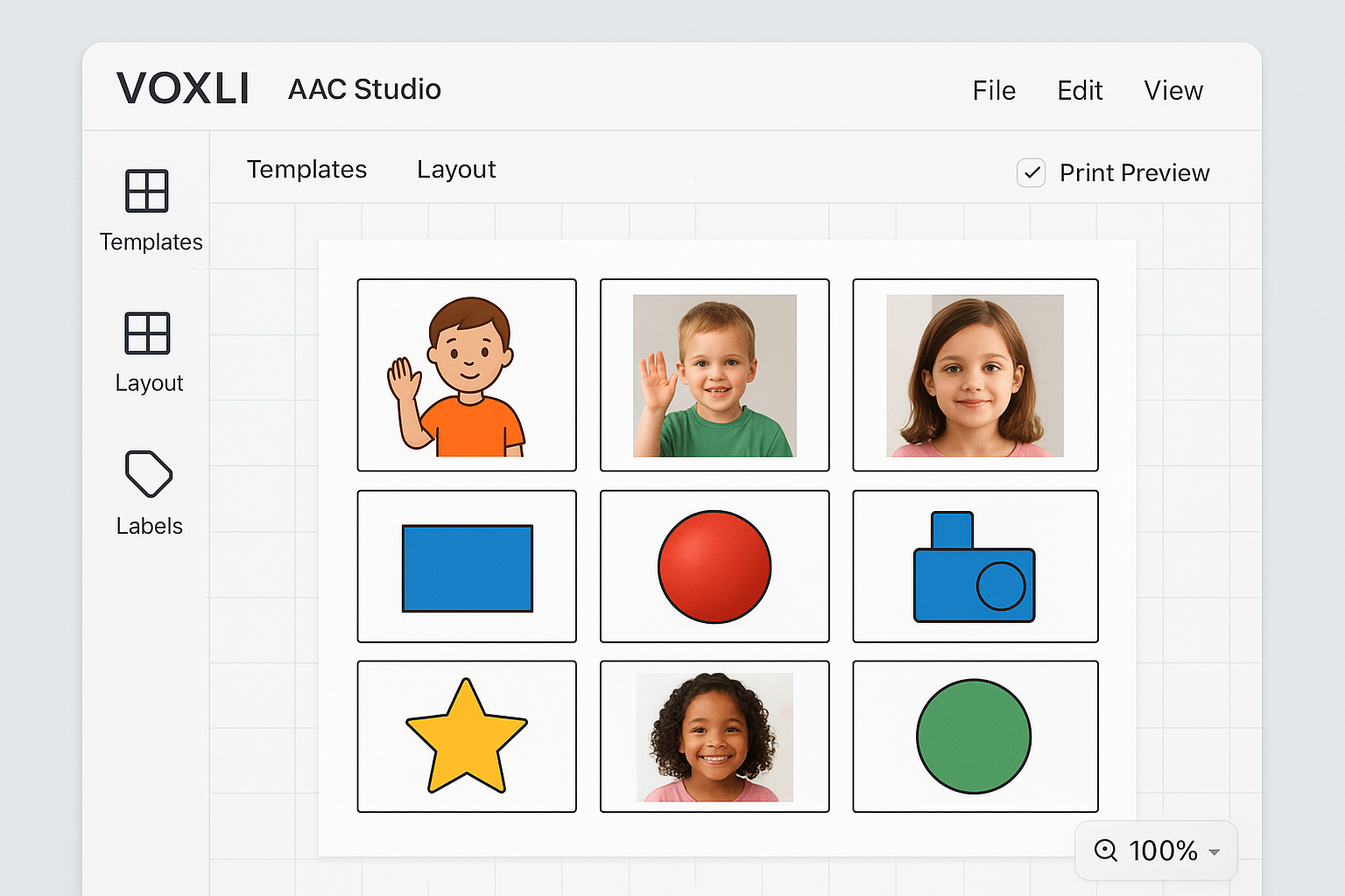 A digital AAC communication board with photos and drawings of children, colored shapes, and symbols.