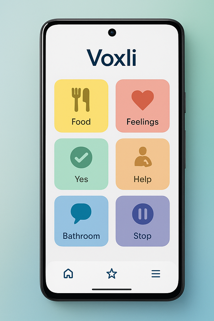 A smartphone screen displaying the Voxli app with large colored buttons for Food, Feelings, Yes, Help, Bathroom, and Stop.