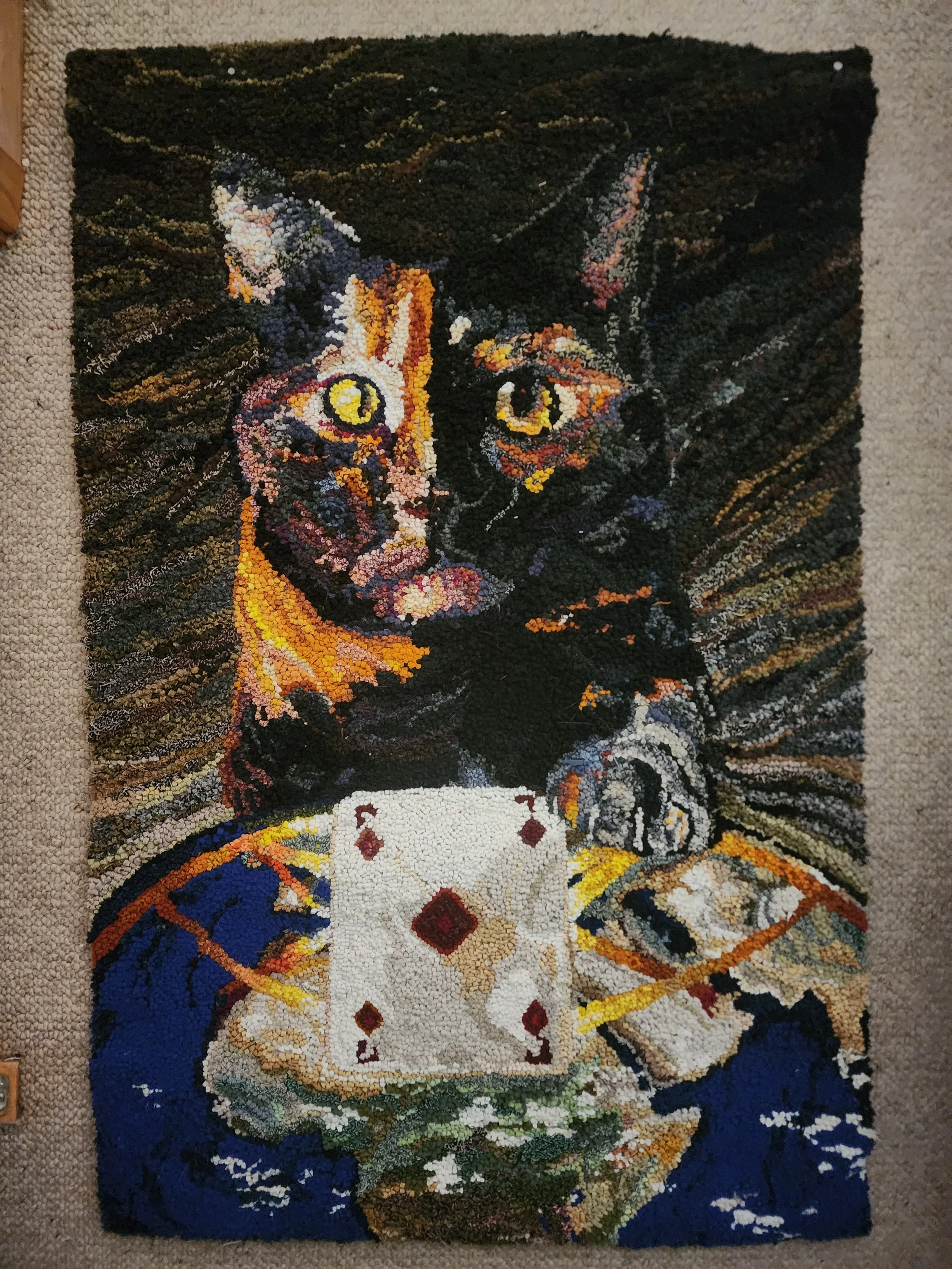 Hooked rug/tapestry made with repurposed and new wool on linen