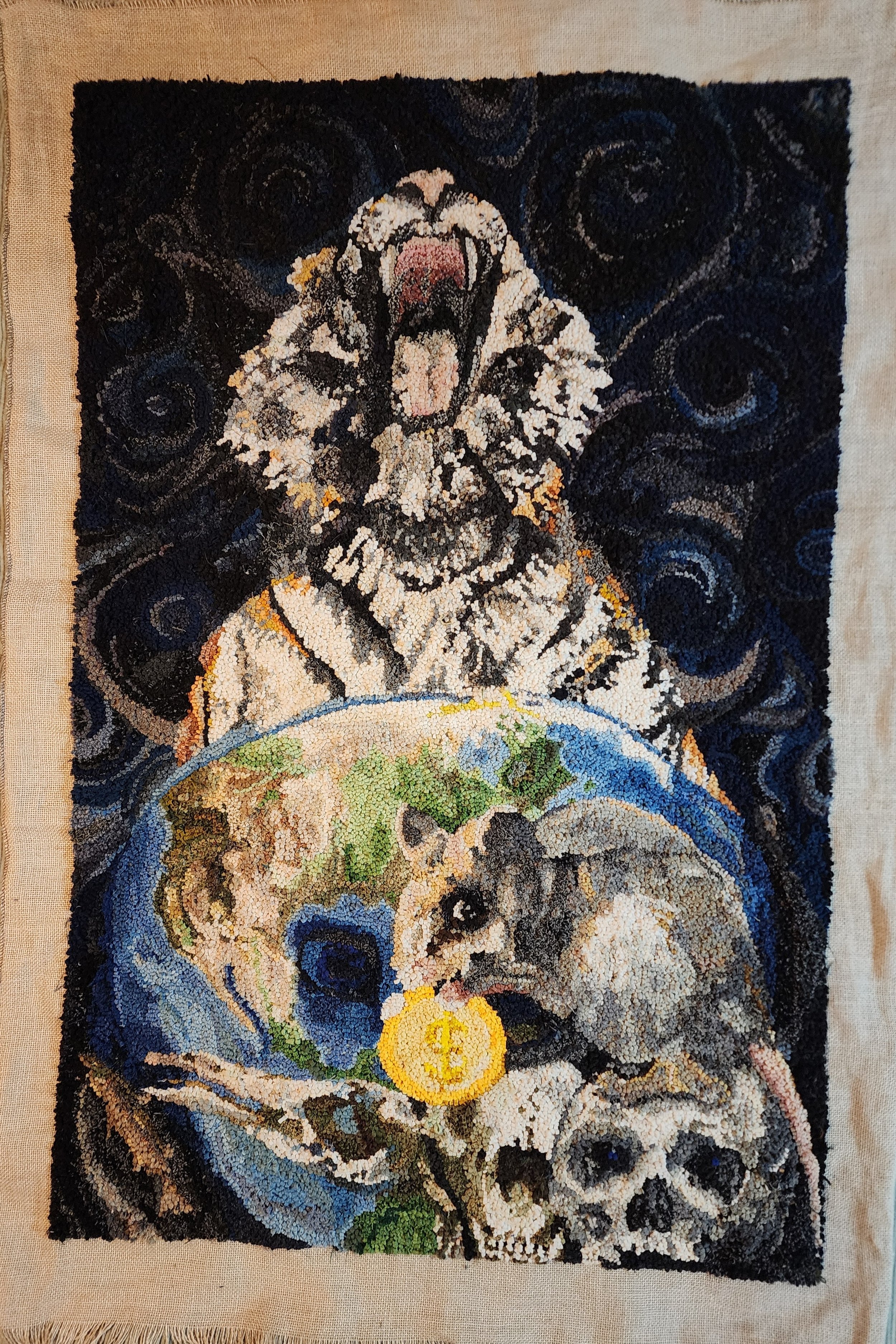 Hooked rug/tapestry made with repurposed and new wool on linen