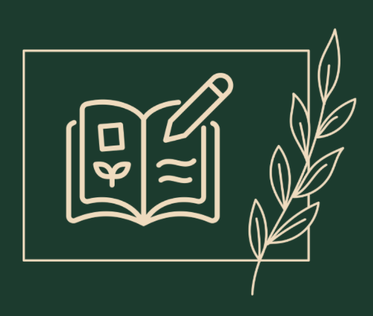 Icon of an open notebook with a pencil, a small plant, and leaves on a green background.