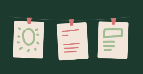 Three papers with drawings and text hanging on a string in front of a dark green background.