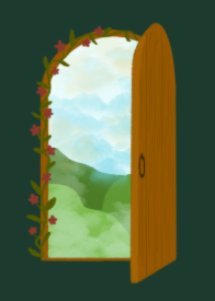 An open wooden door with vines and red flowers around the frame, revealing a view of green hills, mountains, and a cloudy sky.