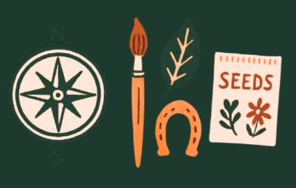 Illustration of a compass, paintbrush, plant branch, horseshoe, and seed packet with flowers on a green background.
