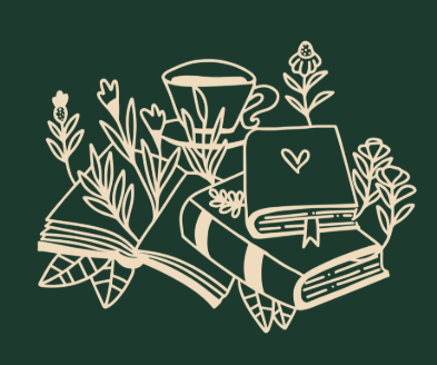 Line drawing of books, plants, a mug, and a notebook with a heart on a dark green background.