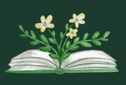 Open book with green leaves and white flowers emerging from it.