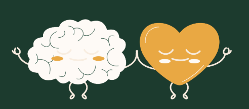 Illustration of a brain and a heart holding hands and meditating.