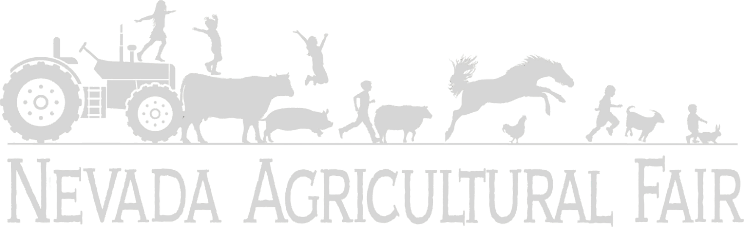 Silhouette of the Nevada Agricultural Fair logo featuring a tractor with children walking on it, a cow, a pig, a boy running, a horse, a chick, an excavator with children, a goat, and a kid with a goat, with the text 'NEVADA AGRICULTURAL FAIR' below.