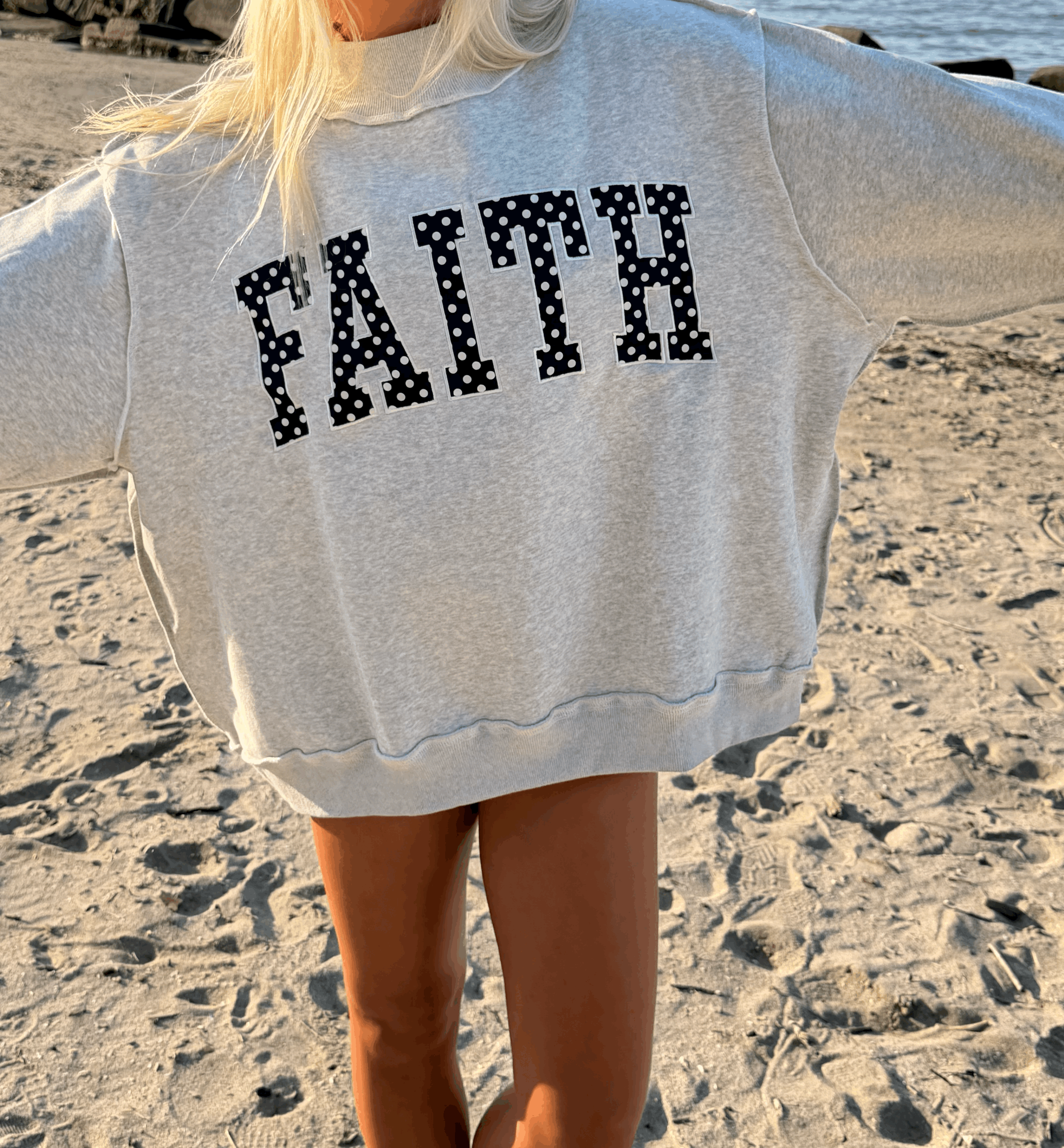 Embroidered Polka-Dot Mock Neck Sweatshirt