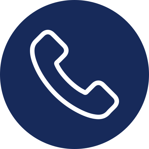 Icon of a telephone handset on a dark blue circular background.
