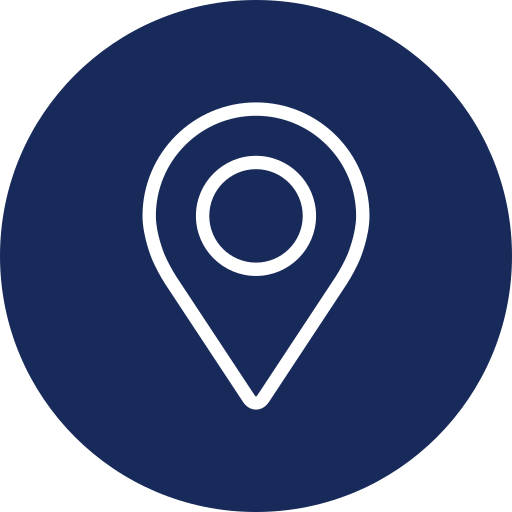 Icon of a location pin on a dark blue circular background.