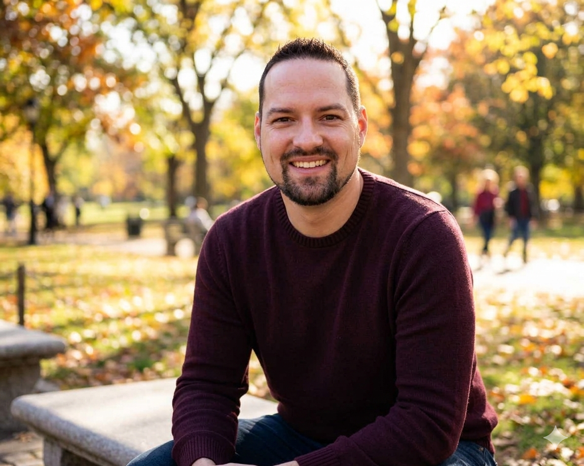 A smiling man sitting on a bench in a park during autumn, with colorful fall leaves on the trees and ground, and people walking in the background.