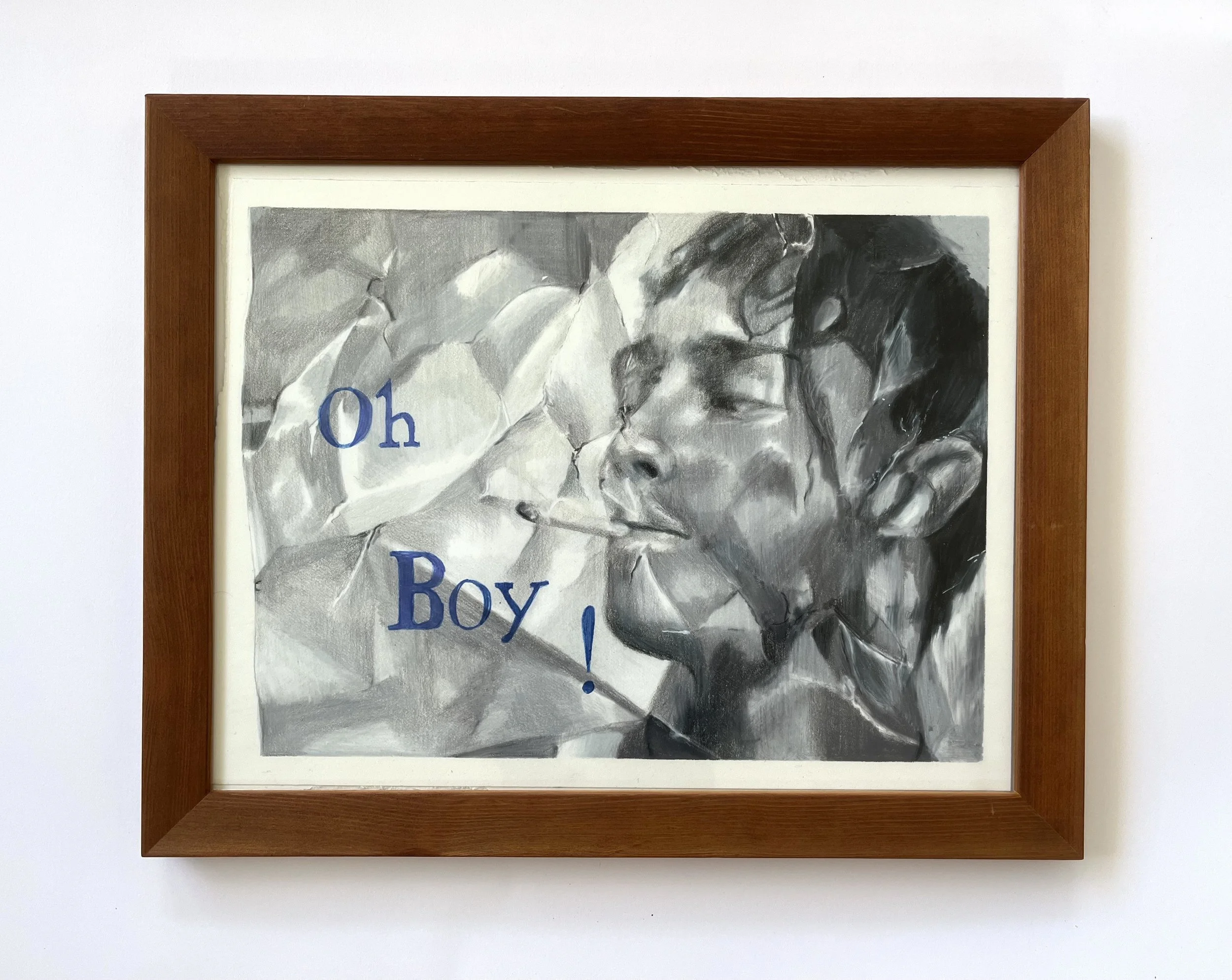 A framed grayscale drawing or photograph of a woman resting her head on her hand, with overlaid blue text reading "Oh Boy".