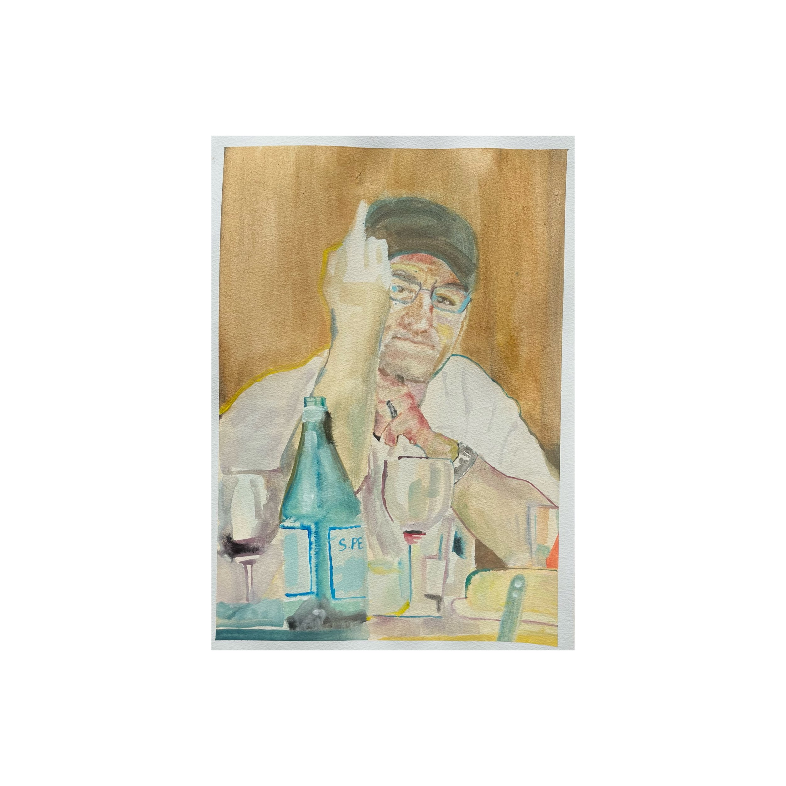 A watercolor painting of a woman wearing glasses, holding a mobile phone to her ear, with a neutral background.