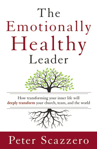 Book cover titled 'The Emotionally Healthy Leader' by Peter Scazzero, featuring a green tree with roots on a white background.