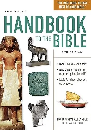 Cover of 'Zondervan Handbook to the Bible' 5th edition featuring images of an ancient statue of a woman, a dog sculpture, a carved stone, a profile bust, and a small boat with a gold-colored object, with text highlighting features like sales over 3 million copies and quick access.