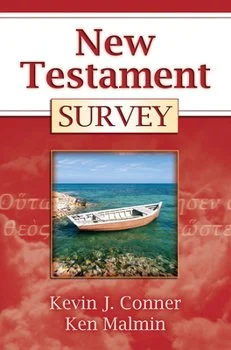 Book cover titled 'New Testament Survey' by Kevin J. Conner and Ken Malmin, featuring a small boat on the ocean with a rocky shoreline.
