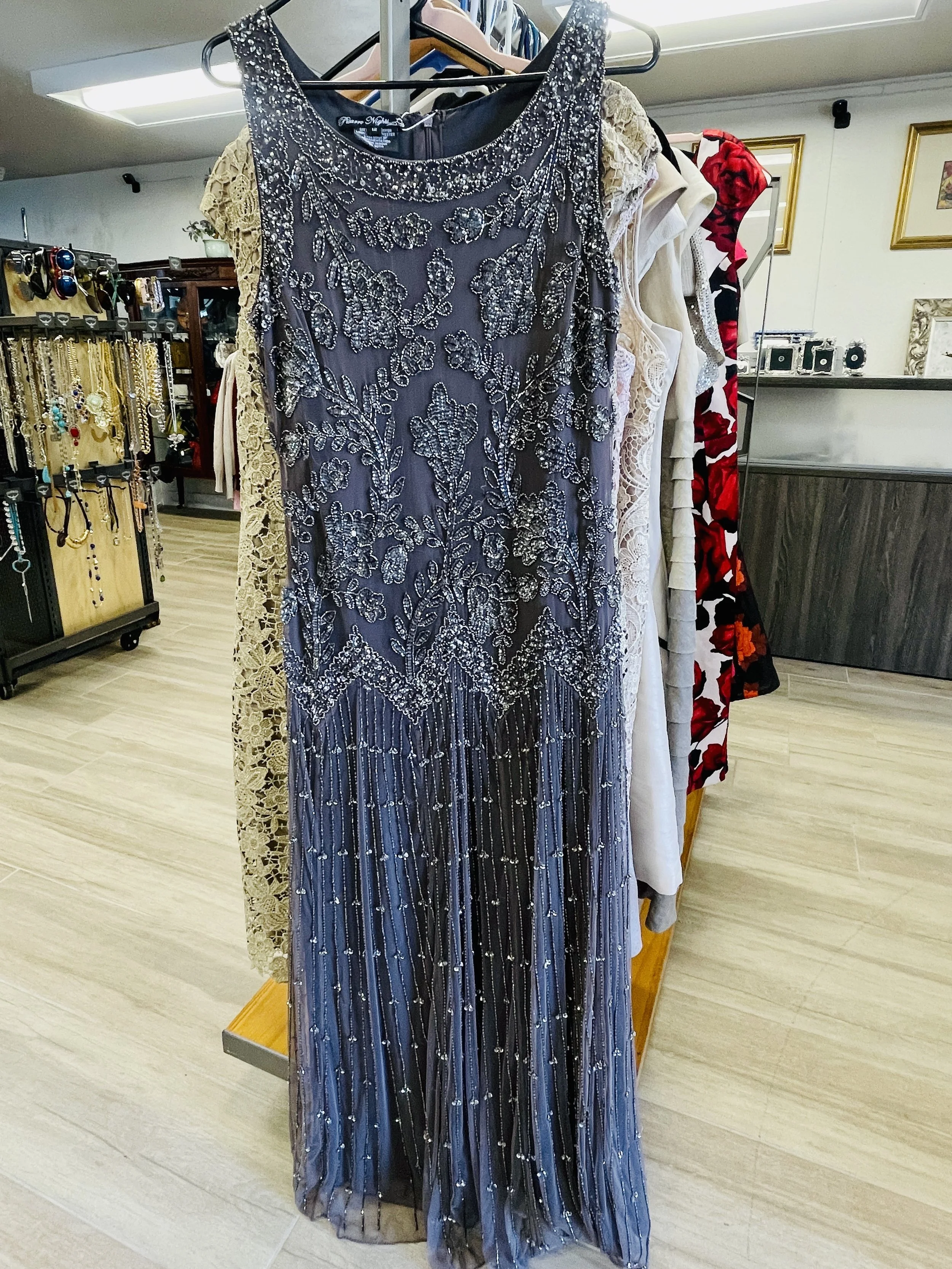 Beaded Mesh Midi Cocktail Dress: Size Large