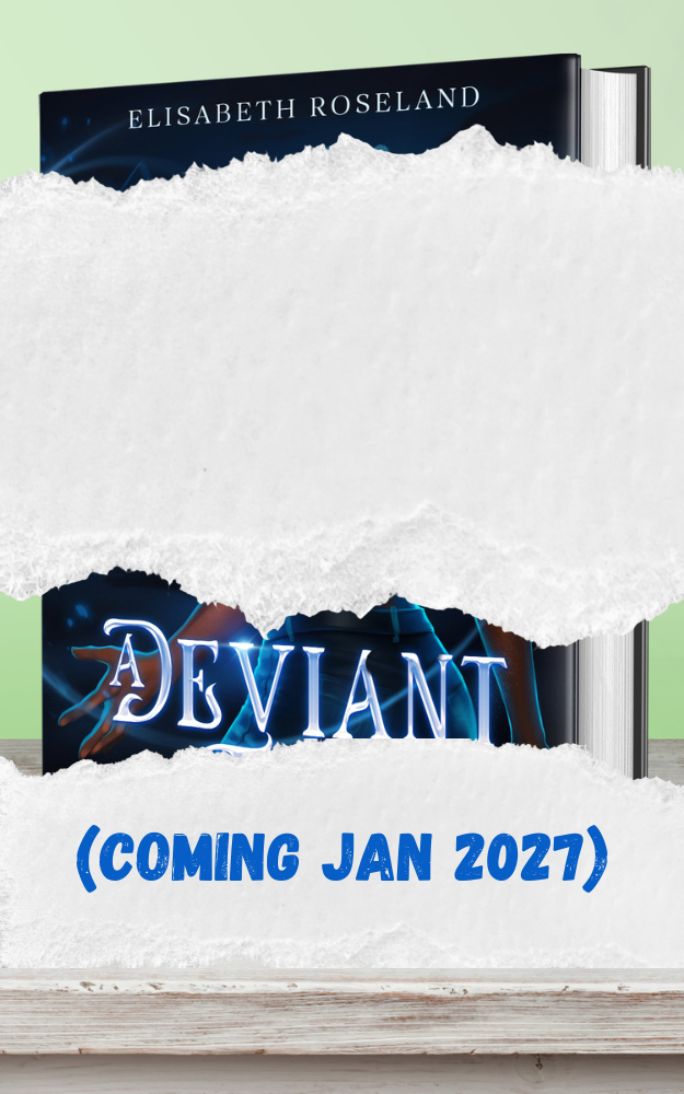 Book cover for 'A Deviant' by Elisabeth Roseland, with a torn paper effect revealing the title and release date 'Coming Jan 2027', on a green background with a wooden surface at the bottom.