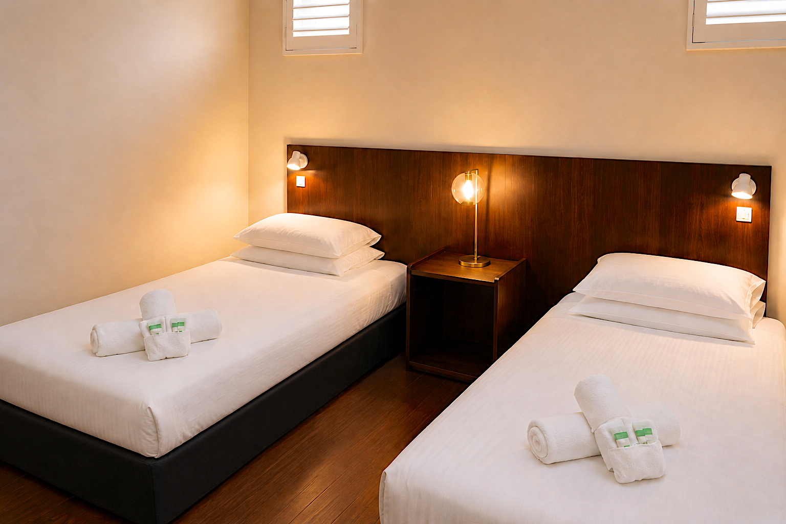 A bedroom with yellow walls, a window with a roller shade, a door with a screen, a single bed with white sheets and pillows, and a decorative pillow with a face print.