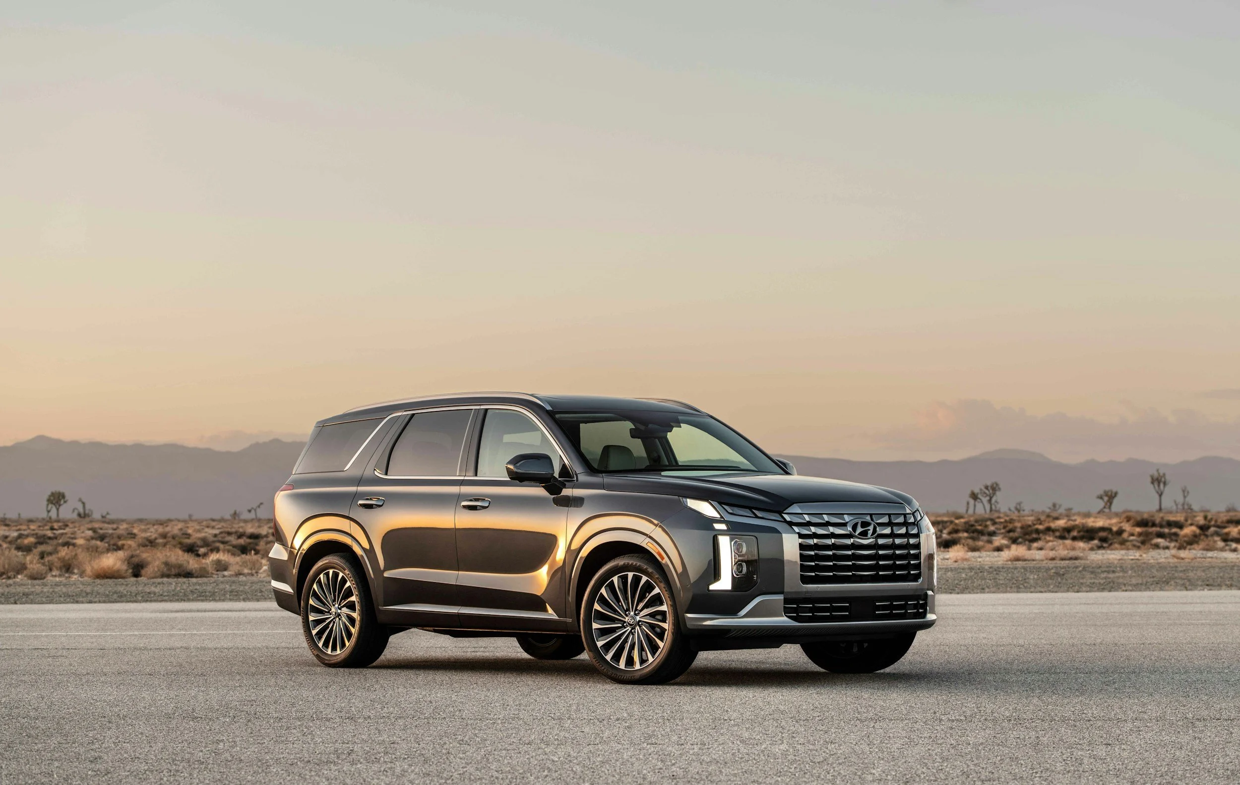 A black luxury SUV parked on a desert road with a flat landscape, sparse desert plants, and distant mountains under a clear sky with soft lighting.