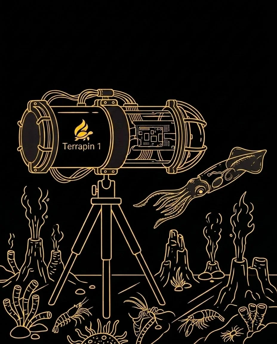 A stylized illustration of a telescope labeled 'Terrapin 1' on a tripod, with three fish swimming nearby and aquatic plants on the sea floor.