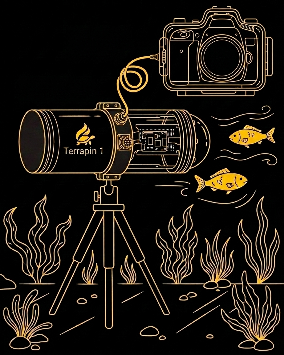 A stylized illustration of a telescope labeled 'Terrapin 1' on a tripod, with three fish swimming nearby and aquatic plants on the sea floor.